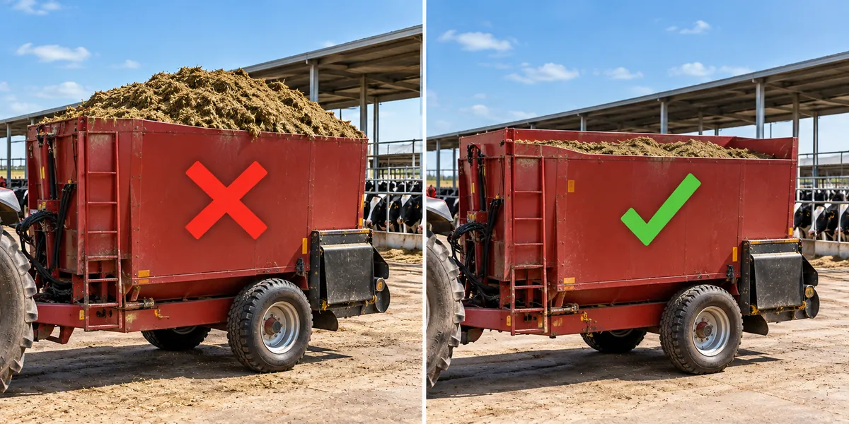 Mixer (carro mezclador) de TMR: carga incorrecta (demasiado lleno) vs. correcta