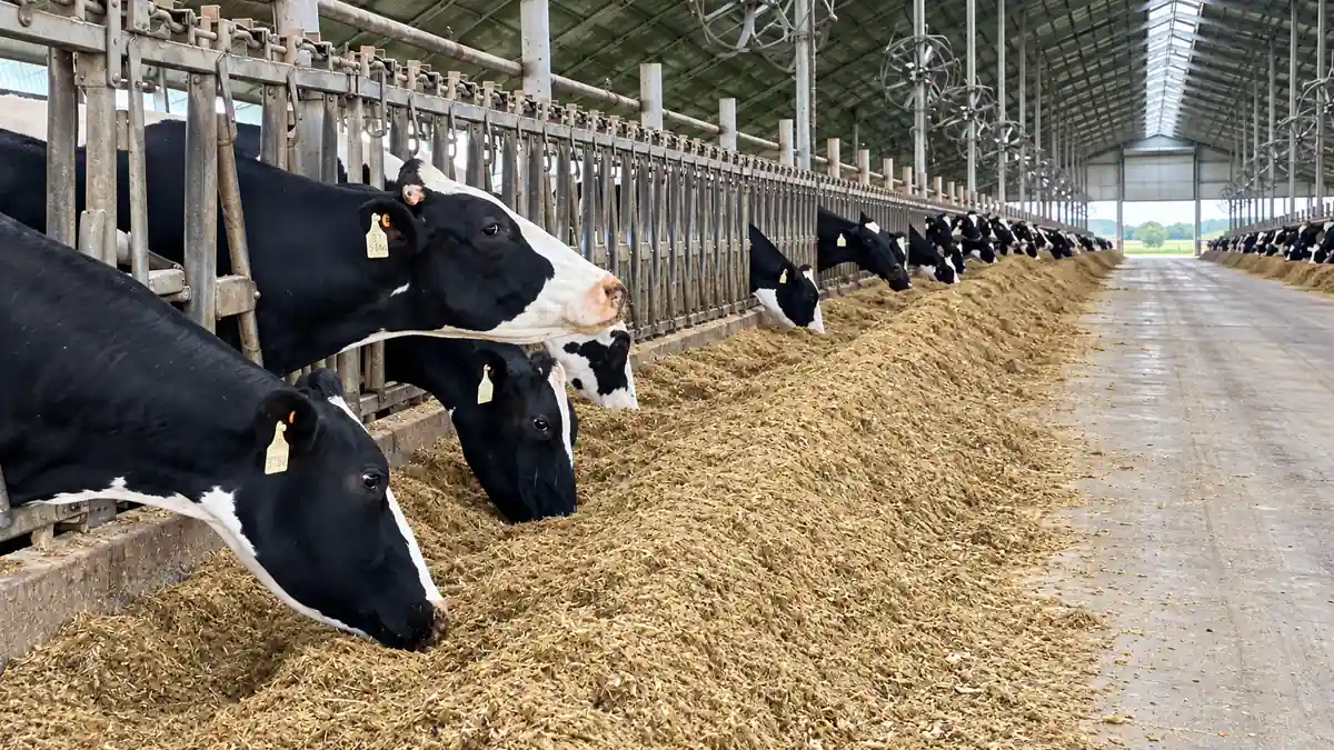 Selección en el comedero: vacas Holstein comiendo TMR en el comedero de un galpón free stall